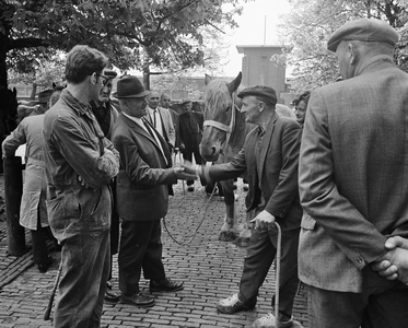 850384 Afbeelding van het afsluiten van de koop van een paard met een handslag, op het voorterrein van de Veemarkthal ...